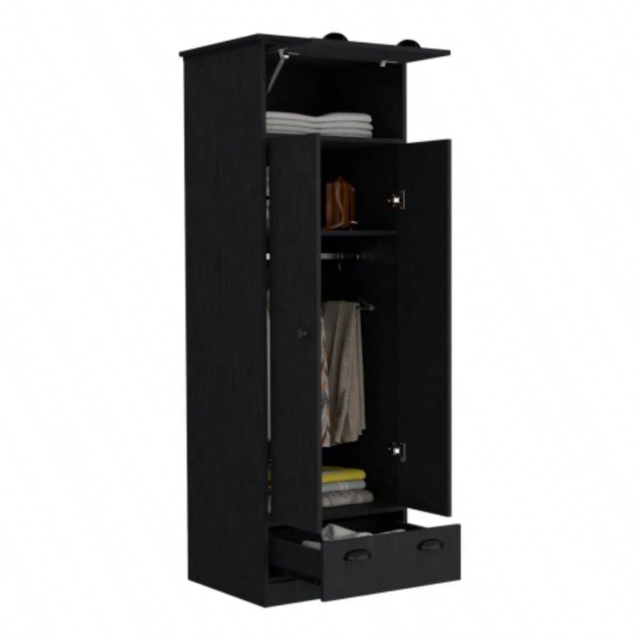 Falkland Armoire with 1 Drawer and 1 Hinged Drawer with Handles Black