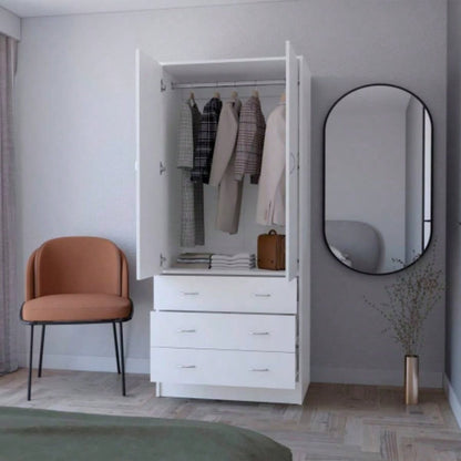 FM FURNITURE Prescott Armoire, with 2 doors, 3 drawers and 1 hanging rod, White