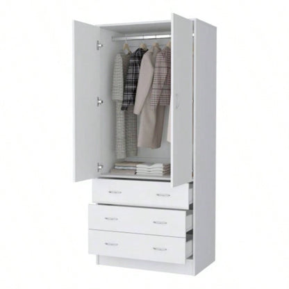 FM FURNITURE Prescott Armoire, with 2 doors, 3 drawers and 1 hanging rod, White