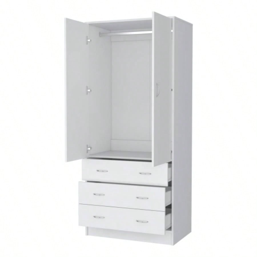 FM FURNITURE Prescott Armoire, with 2 doors, 3 drawers and 1 hanging rod, White