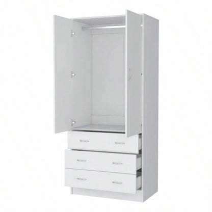 FM FURNITURE Prescott Armoire, with 2 doors, 3 drawers and 1 hanging rod, White