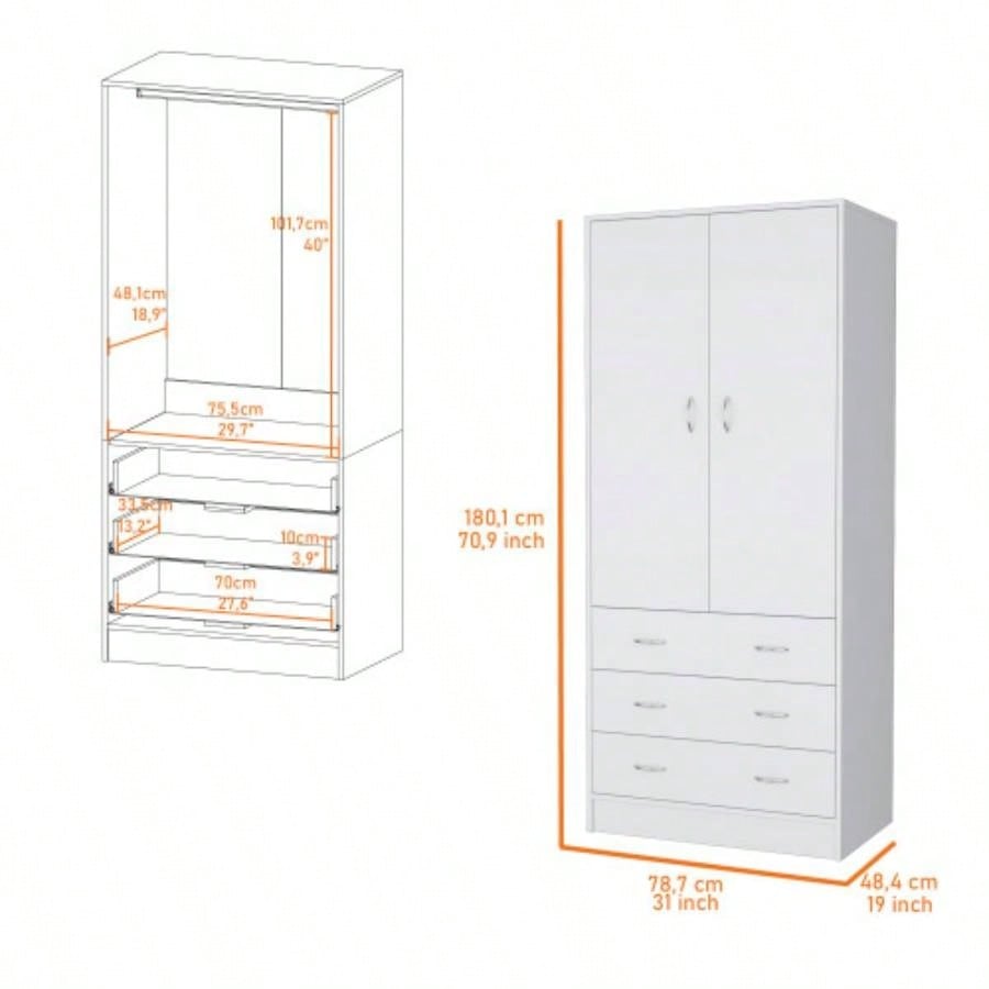 FM FURNITURE Prescott Armoire, with 2 doors, 3 drawers and 1 hanging rod, White
