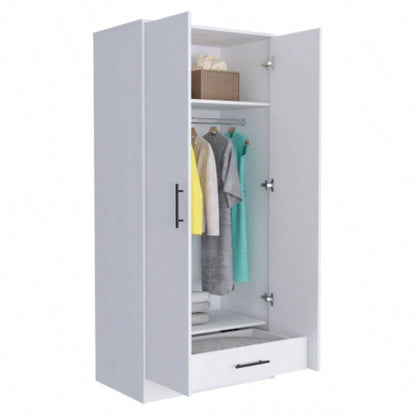 Ambery 180 Armoire, Two Shelves, Double Door, Metal Rod, One Drawer - White
