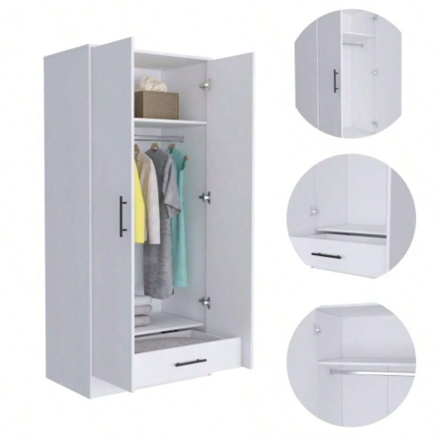 Ambery 180 Armoire, Two Shelves, Double Door, Metal Rod, One Drawer - White
