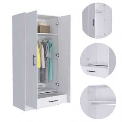 Ambery 180 Armoire, Two Shelves, Double Door, Metal Rod, One Drawer - White
