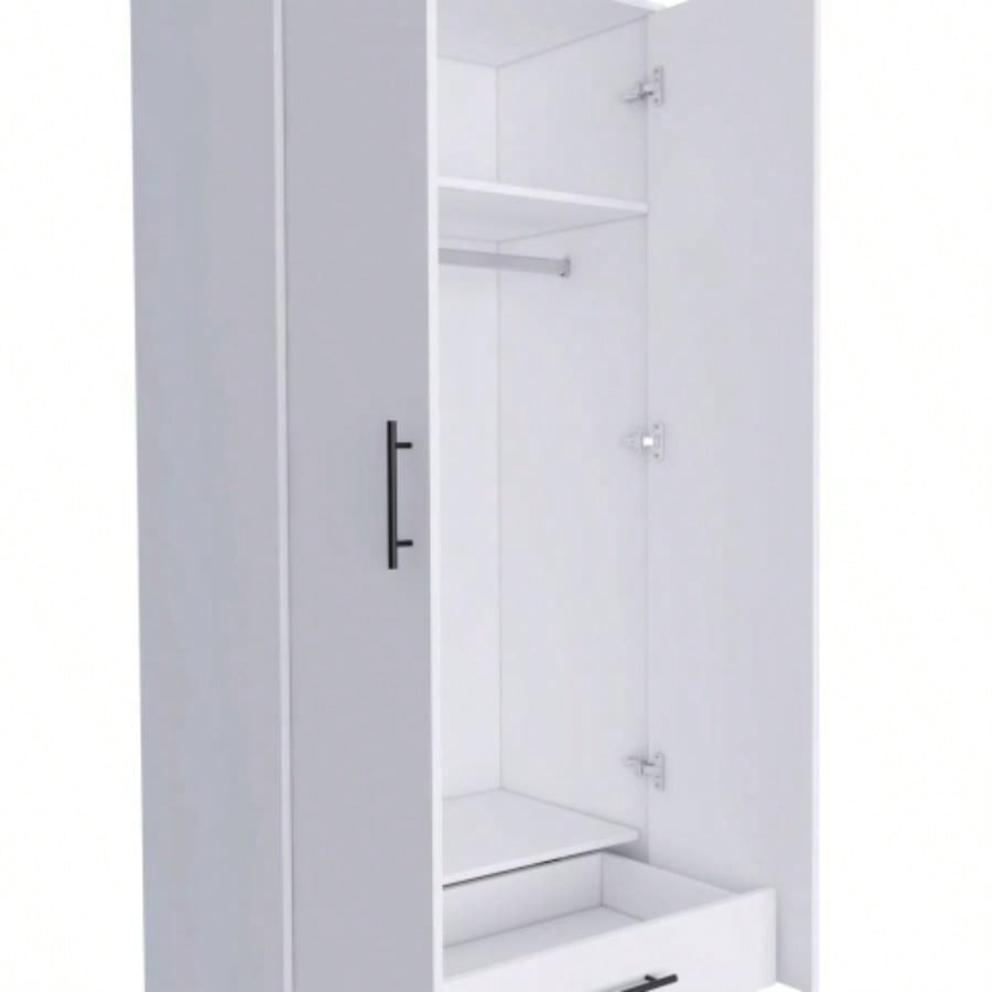 Ambery 180 Armoire, Two Shelves, Double Door, Metal Rod, One Drawer - White