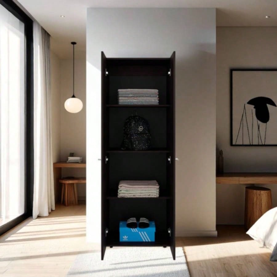 Armoire, 2 Doors, 4 Shelves, Walnut/ Black Wengue