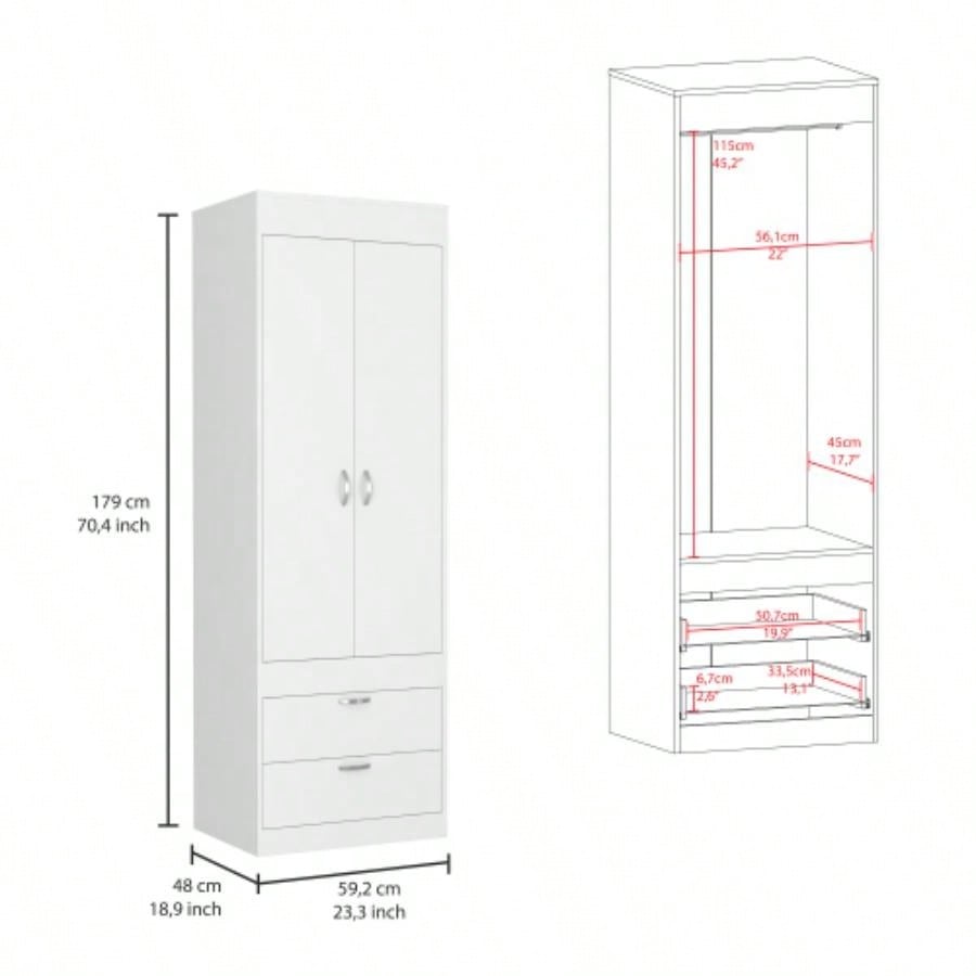 Lisboa Armoire, Rod, Double Door, Two Drawers, Metal Handles White