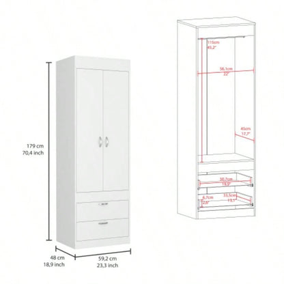 Lisboa Armoire, Rod, Double Door, Two Drawers, Metal Handles White