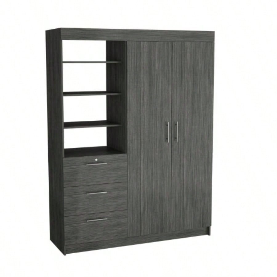 Kenya 3 Drawers Armoire, Double Door, 3 - Tier Shelf Smokey Oak