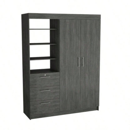 Kenya 3 Drawers Armoire, Double Door, 3 - Tier Shelf Smokey Oak
