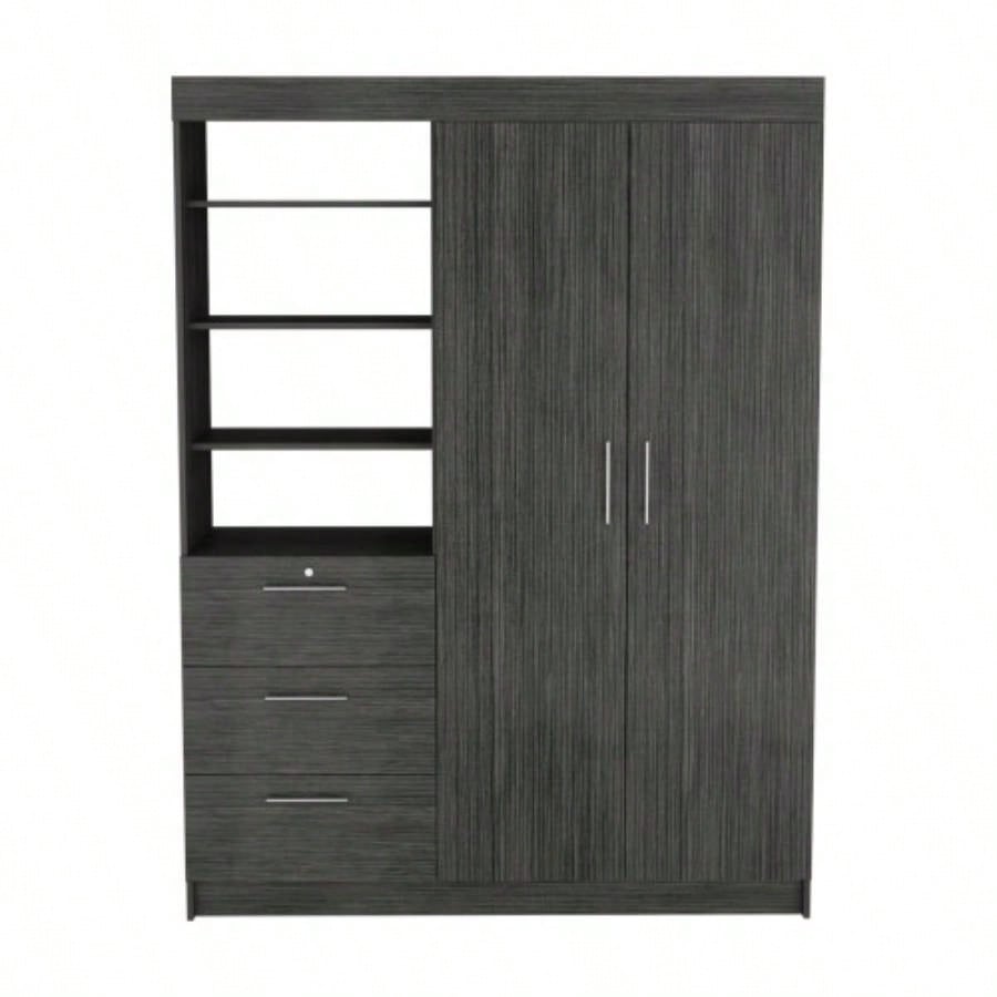 Kenya 3 Drawers Armoire, Double Door, 3 - Tier Shelf Smokey Oak