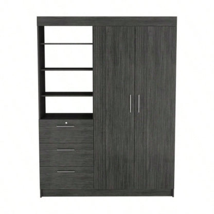 Kenya 3 Drawers Armoire, Double Door, 3 - Tier Shelf Smokey Oak