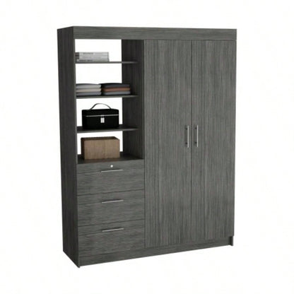 Kenya 3 Drawers Armoire, Double Door, 3 - Tier Shelf Smokey Oak