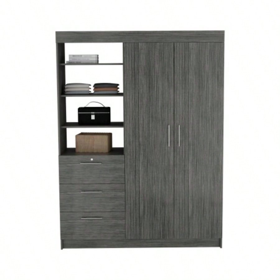 Kenya 3 Drawers Armoire, Double Door, 3 - Tier Shelf Smokey Oak