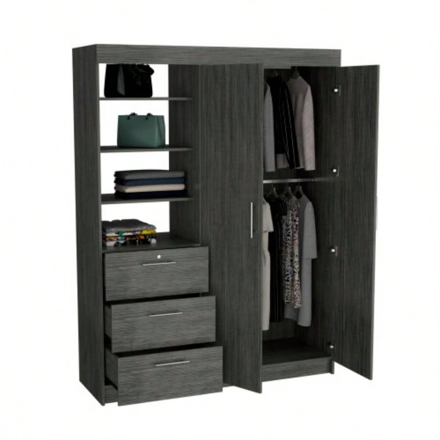 Kenya 3 Drawers Armoire, Double Door, 3 - Tier Shelf Smokey Oak