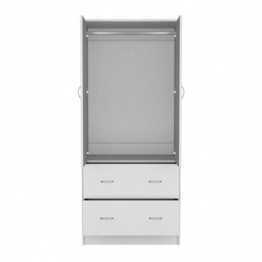 Armoire 71 H with Two Doors, Two Drawers, and Hanging Rod, White