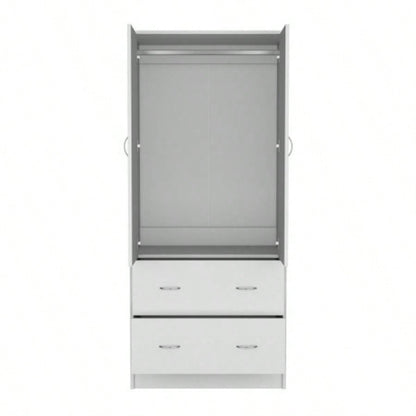 Armoire 71 H with Two Doors, Two Drawers, and Hanging Rod, White
