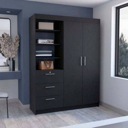 Kenya 3 Drawers Armoire, Double Door, 3 - Tier Shelf Smokey Oak