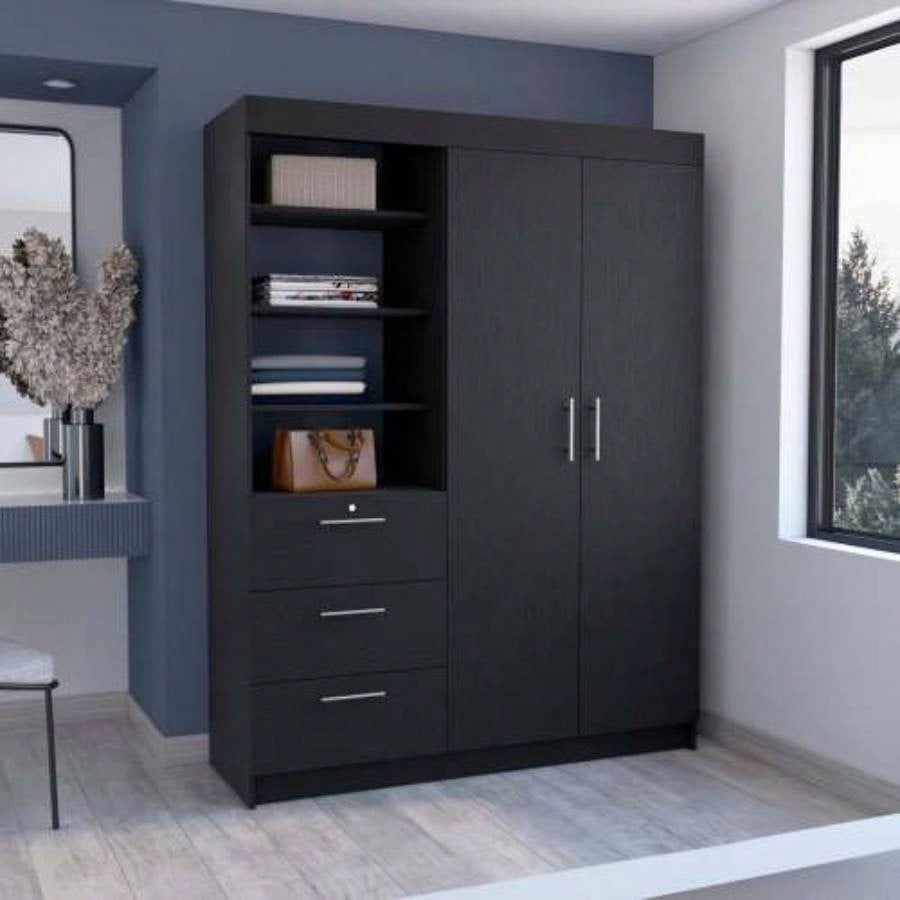 Kenya Armoire with Double Door, Three Drawers, 3 - Tier Shelf and double hanging Rod Smokey Oak
