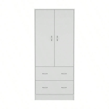 Armoire 71 H with Two Doors, Two Drawers, and Hanging Rod, White