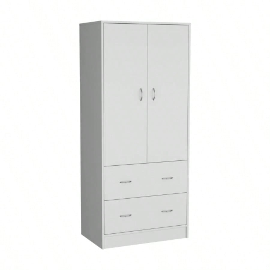Armoire 71 H with Two Doors, Two Drawers, and Hanging Rod, White