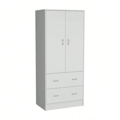 Armoire 71 H with Two Doors, Two Drawers, and Hanging Rod, White