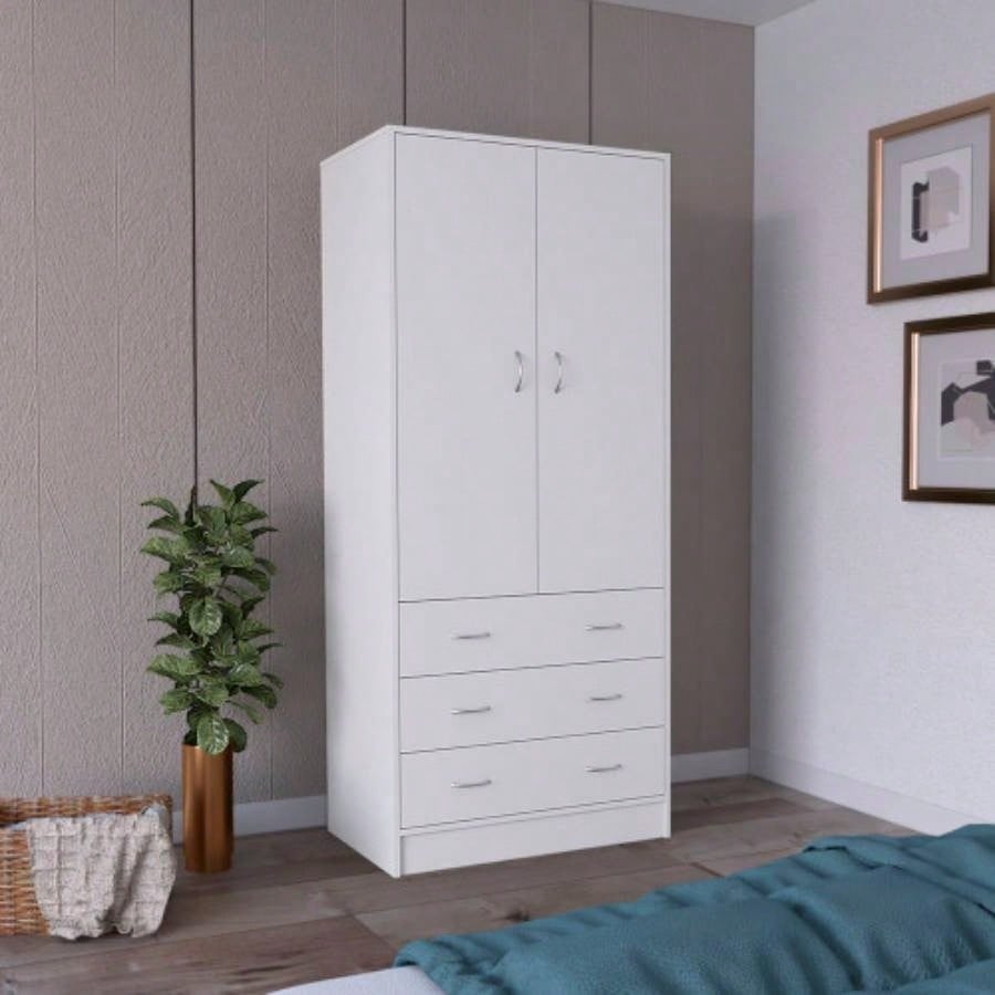 Armoire 71 H, with 2 doors, 3 drawers and 1 hanging rod, White