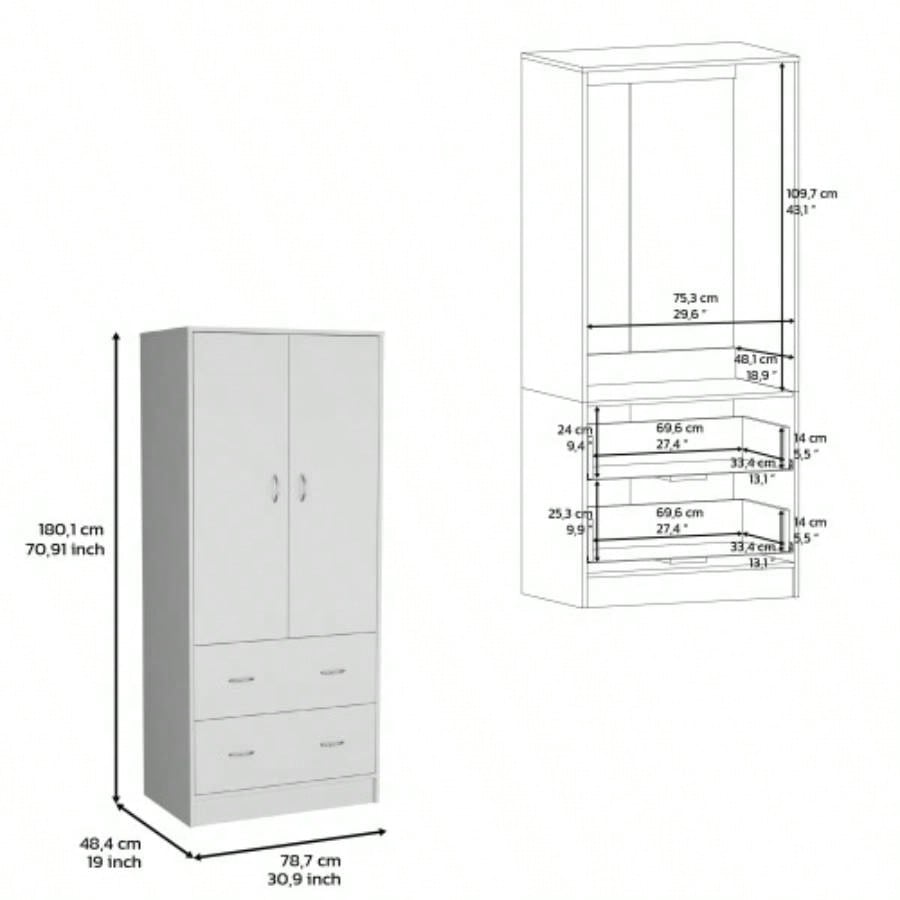 Armoire 71 H with Two Doors, Two Drawers, and Hanging Rod, White