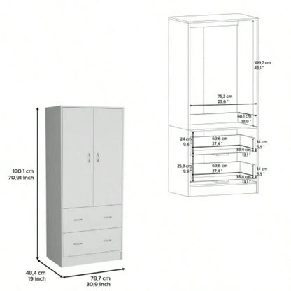 Armoire 71 H with Two Doors, Two Drawers, and Hanging Rod, White