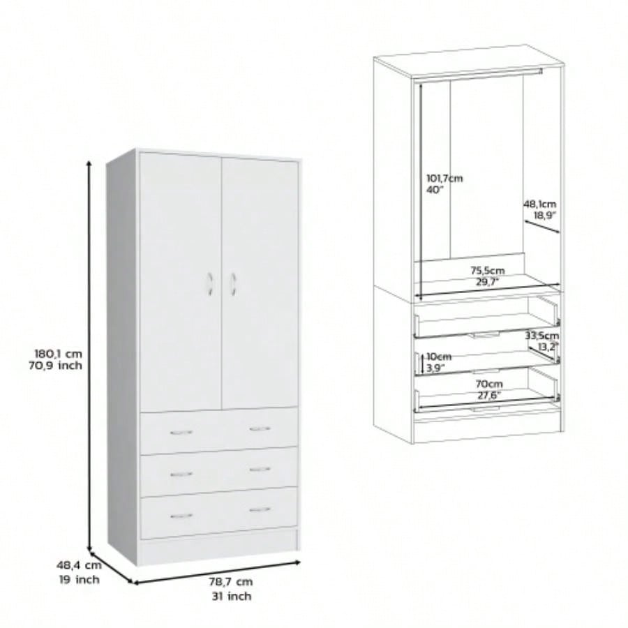 Armoire 71 H, with 2 doors, 3 drawers and 1 hanging rod, White
