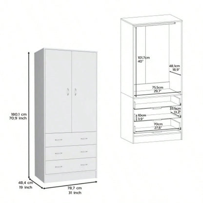 Armoire 71 H, with 2 doors, 3 drawers and 1 hanging rod, White