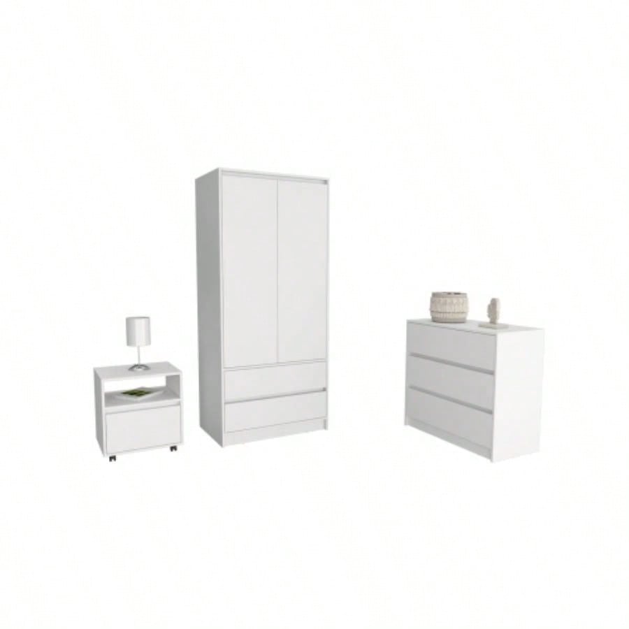 Beloit 3 Piece Bedroom Set, Nightstand+ Dresser+ Armoire, White