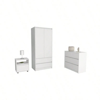 Beloit 3 Piece Bedroom Set, Nightstand+ Dresser+ Armoire, White