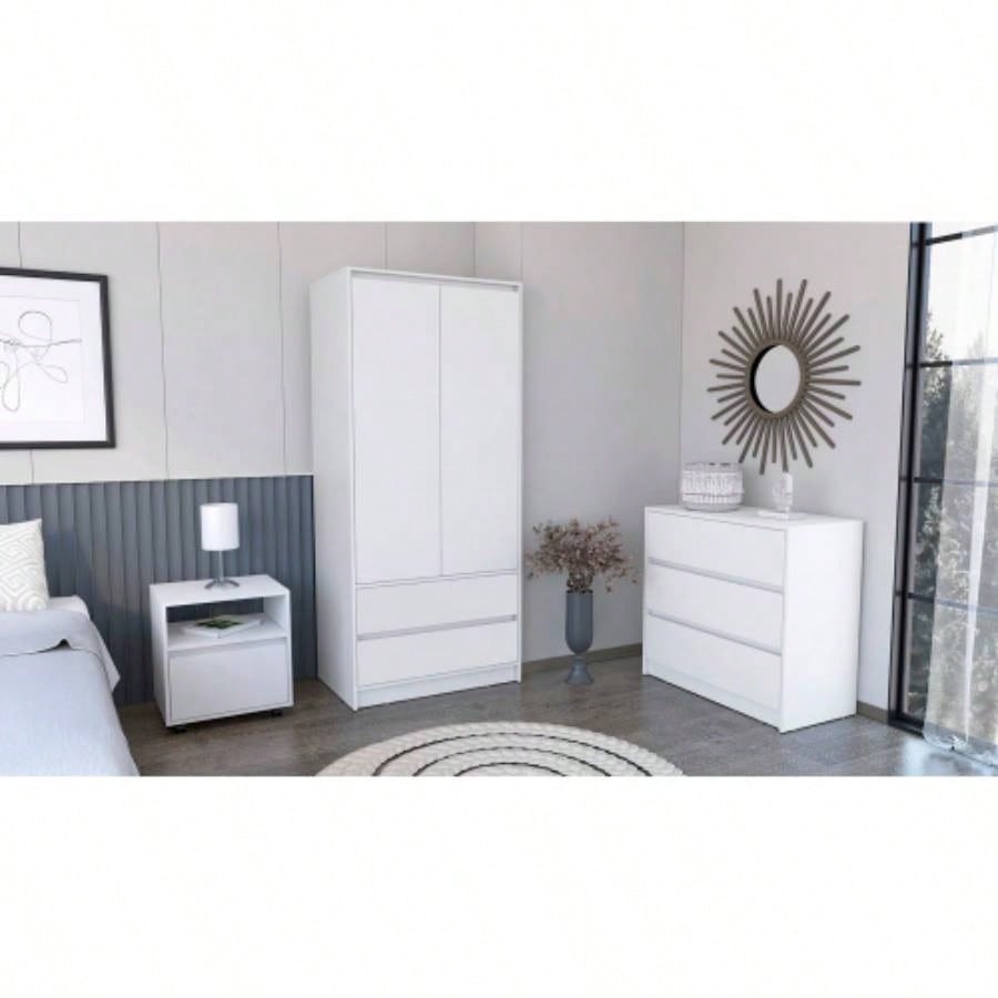 Beloit 3 Piece Bedroom Set, Nightstand+ Dresser+ Armoire, White