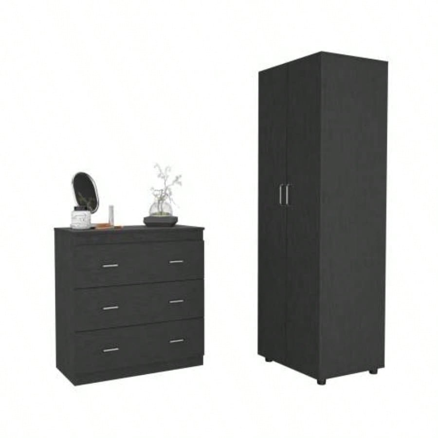 2 Piece Bedroom Set, London Armoire+ Three Drawer Dresser, Black