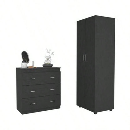 2 Piece Bedroom Set, London Armoire+ Three Drawer Dresser, Black