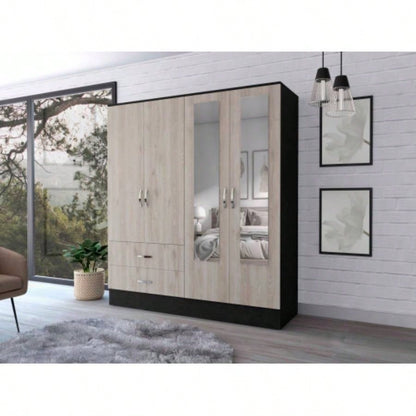 Florencia L Mirrored Armoire, Two Cabinets With Divisions, Black and Light