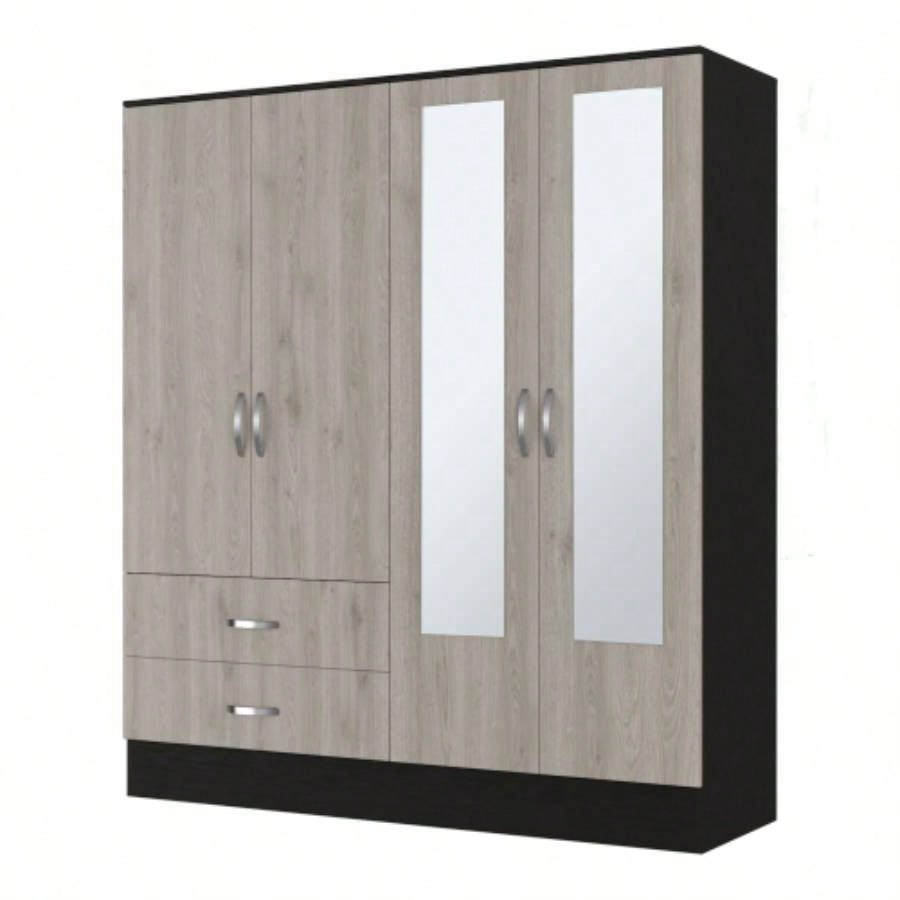 Florencia L Mirrored Armoire, Two Cabinets With Divisions, Black and Light
