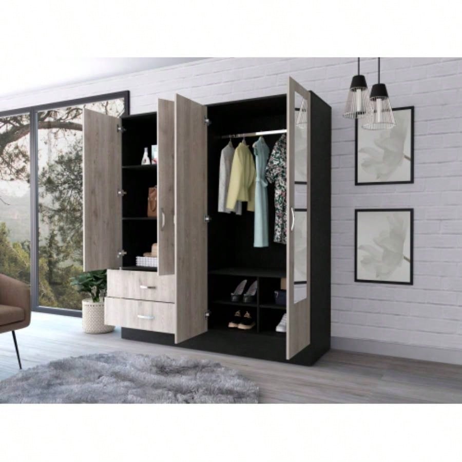 Florencia L Mirrored Armoire, Two Cabinets With Divisions, Black and Light