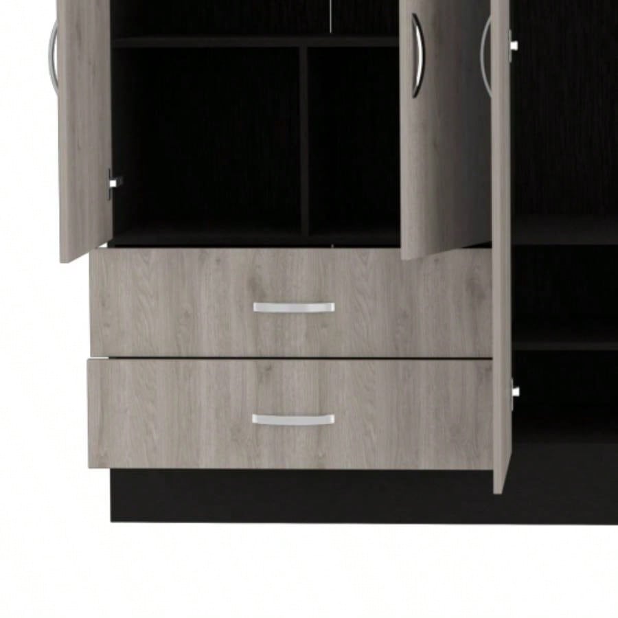 Florencia L Mirrored Armoire, Two Cabinets With Divisions, Black and Light