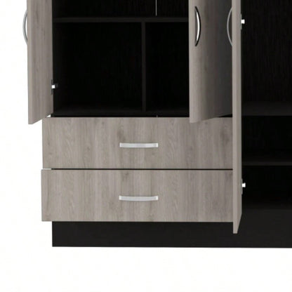 Florencia L Mirrored Armoire, Two Cabinets With Divisions, Black and Light