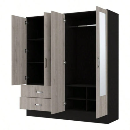 Florencia L Mirrored Armoire, Two Cabinets With Divisions, Black and Light
