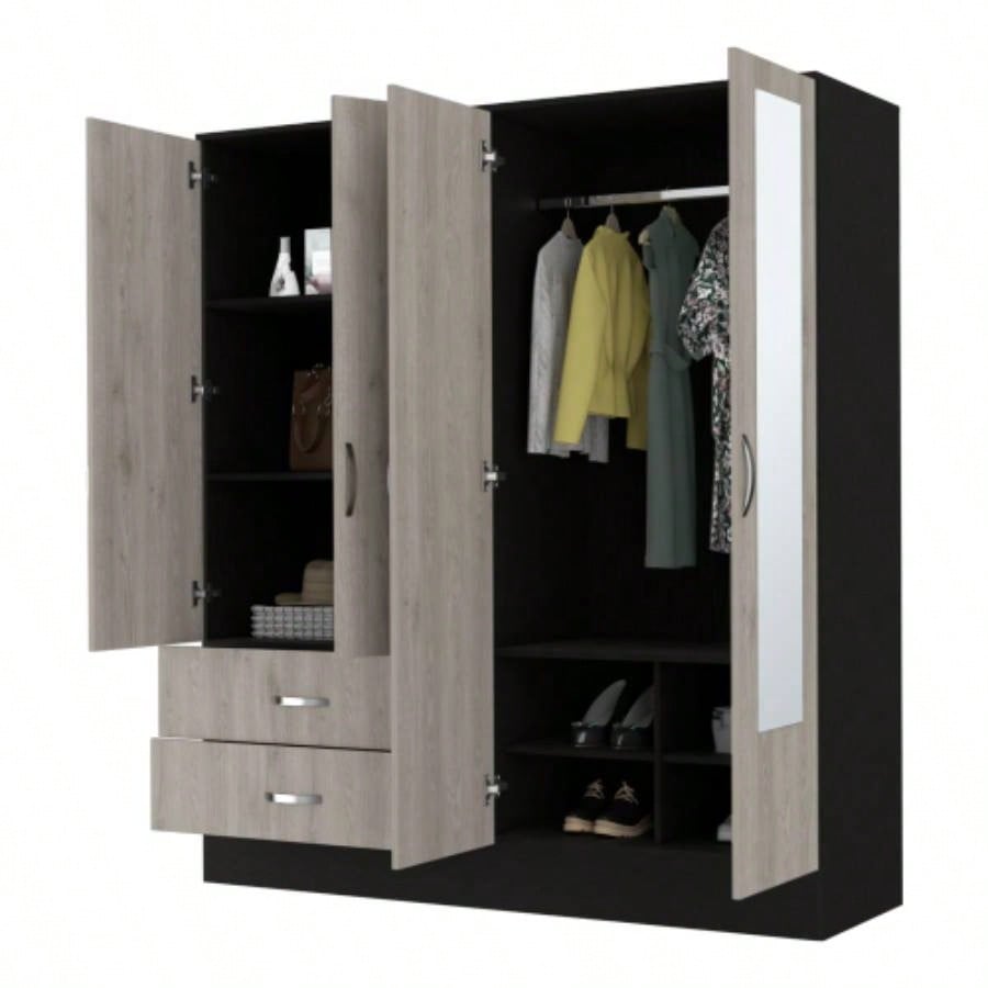 Florencia L Mirrored Armoire, Two Cabinets With Divisions, Black and Light