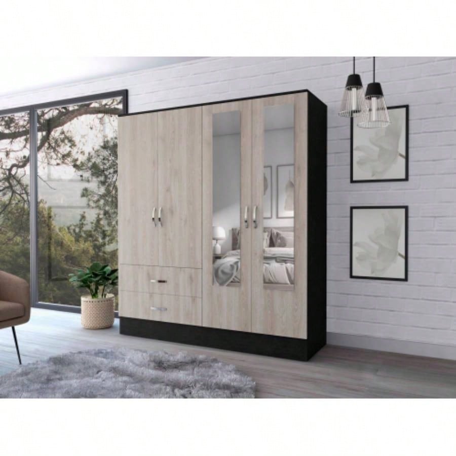 Florencia L Mirrored Armoire, Two Cabinets With Divisions, Black and Light