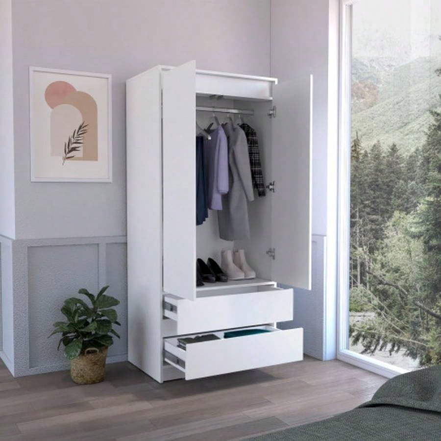 Armoire, Wardrobe Closet with Two Drawers, Hanging Rod, White