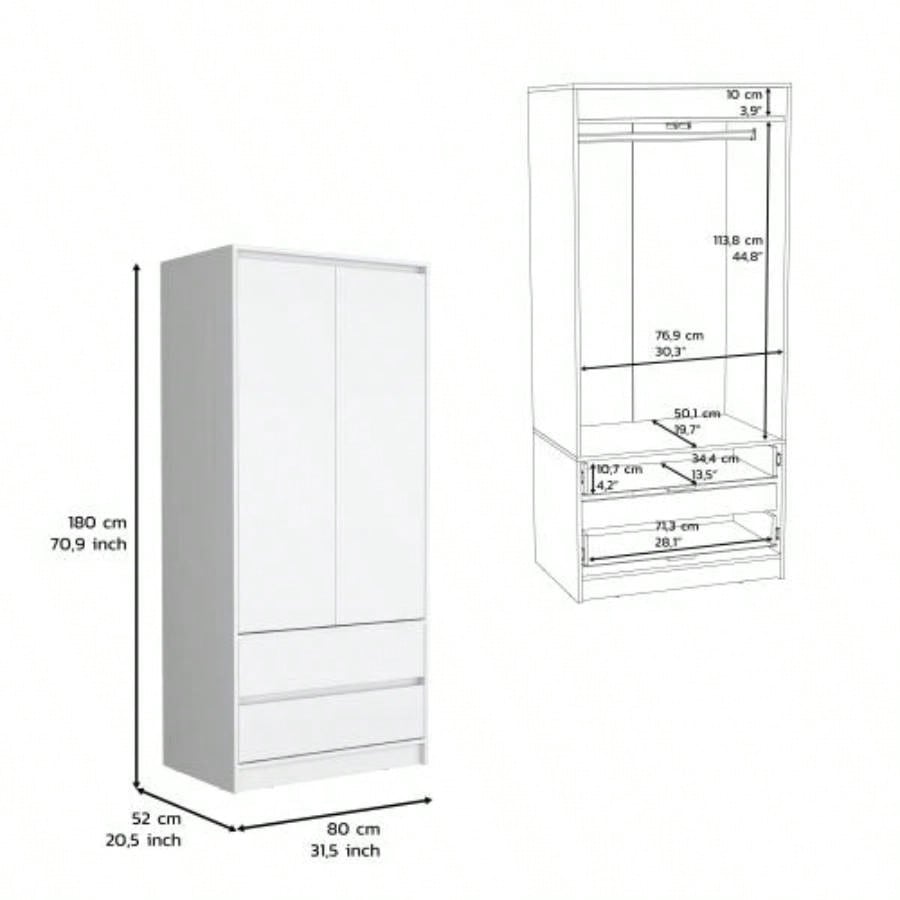 Armoire, Wardrobe Closet with Two Drawers, Hanging Rod, White