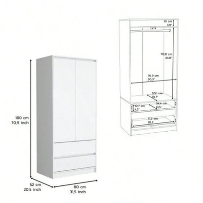 Armoire, Wardrobe Closet with Two Drawers, Hanging Rod, White