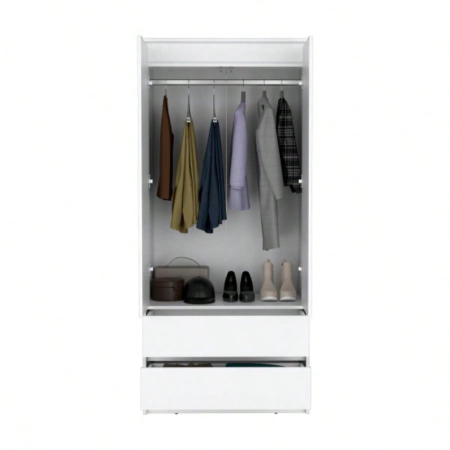 Armoire, Wardrobe Closet with Two Drawers, Hanging Rod, White