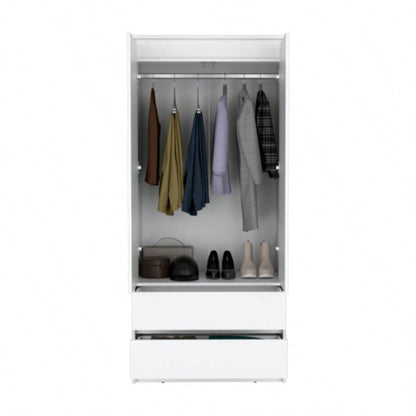 Armoire, Wardrobe Closet with Two Drawers, Hanging Rod, White